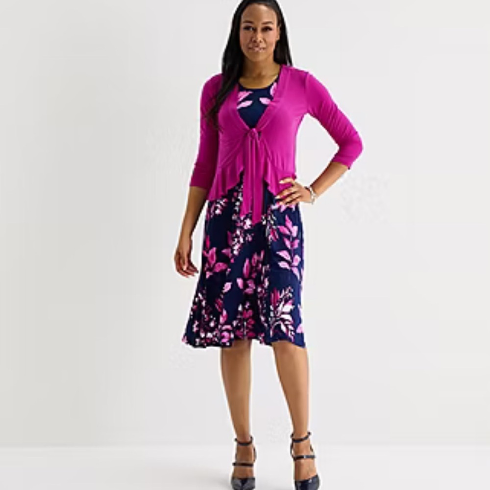 Studio One Navy Floral Dress with Magenta Tie-Front Cardigan Sz L NWT